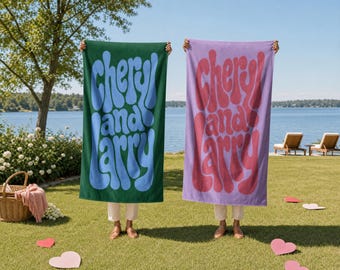 Personalized Couples Beach Towel, Custom Two Name Groovy Retro Letters