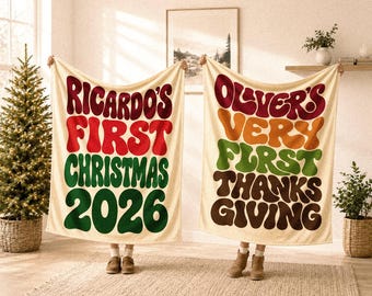 Personalized Baby’s First Christmas Blanket, Groovy Retro Custom Name Design