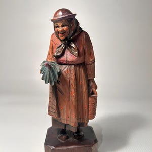 Vtg. European Figure Carving Folk Art Female Holding Umbrella and Hand Basket Wood Sculpture