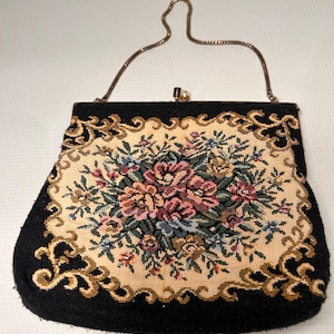 Vtg. Antique 1930&#39;s Petit Point Tapestry Evening bag Hand Bag Black Floral Design Fabric Gold Frame