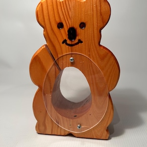 Vtg. Wooden Stained Teddy Bear Bank Clear Belly Coin Savings Bank 1990&#39;s