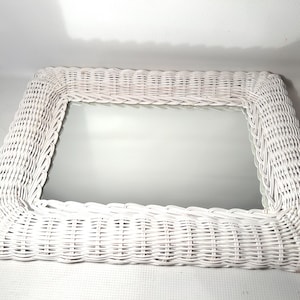 Vintage White Wicker Or Rattan Framed Mirror 1970's-1980's Rectangular Coastal Cottage Bohemian Style