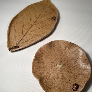 May include: Two ceramic leaf-shaped dishes with brown speckled glaze and ladybug accents. The larger dish is shaped like a leaf with a prominent vein pattern. The smaller dish is round and has a more subtle leaf pattern.