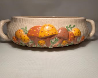 Cazuela de cerámica retro vintage Arnels con forma de hongo, años 70, con asas moteadas y pintadas a mano, utensilios de cocina Merry Mushroom