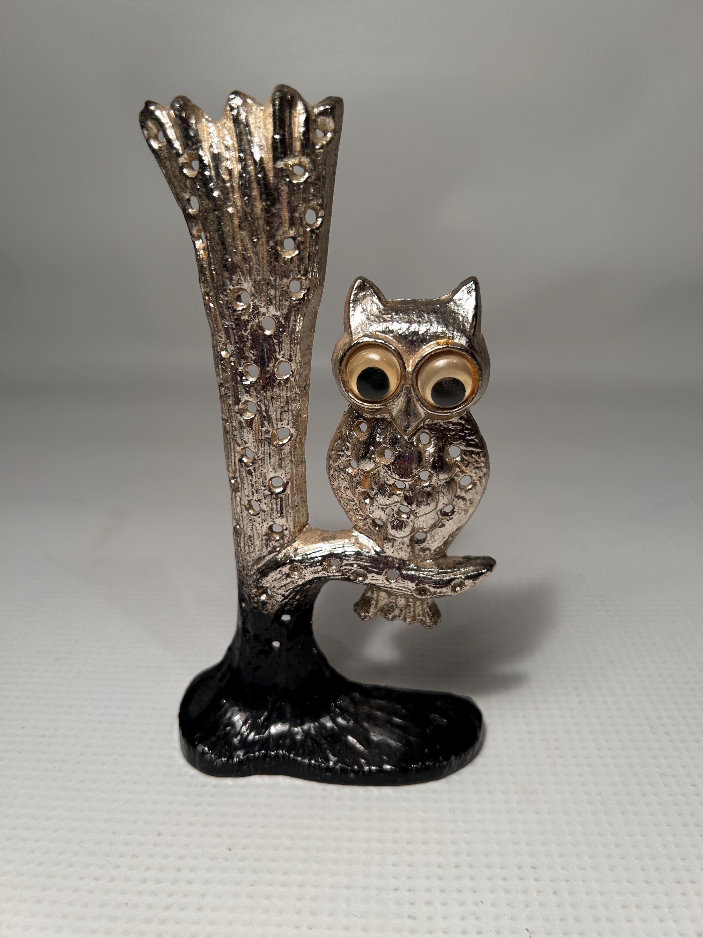 Vtg. Retro Metal Owl In Tree Earring Holder Jewellery Display Hanging Display1970’s