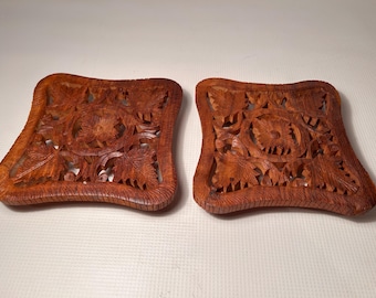 Hand Carved Rosewood Trivets: Floral & Leaf Design - Set of 2