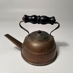 May include: A small copper teapot with a black wooden handle. The teapot has a rounded body and a spout on the side.