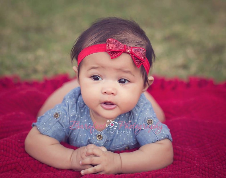 Baby Headband Baby Toddler Child Girls Headband Red Hair Bow Baby Headband Dainty Red Sequin Hair Bow Headband or Hair Clip