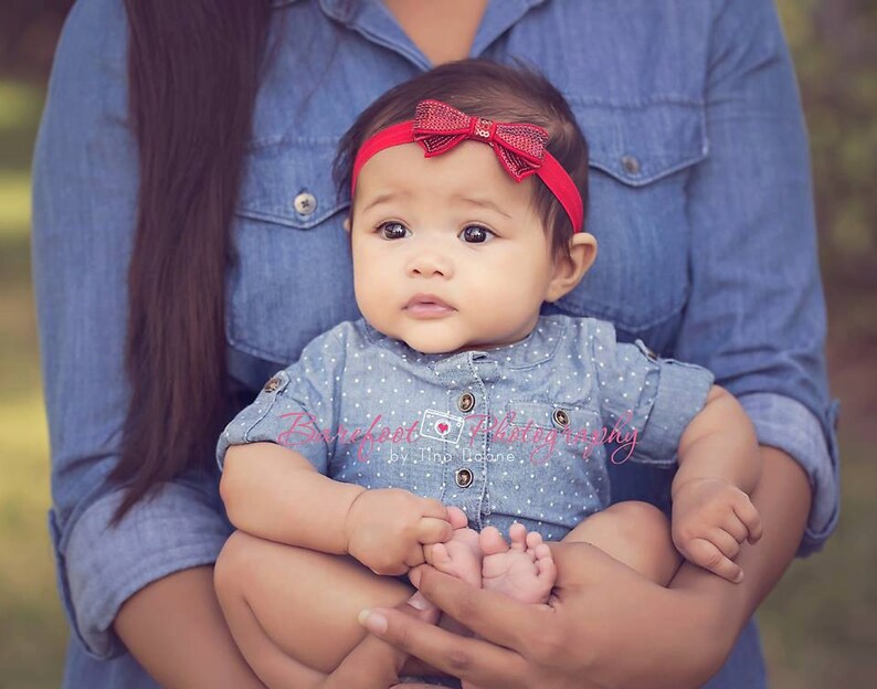 Baby Headband Baby Toddler Child Girls Headband Red Hair Bow Baby Headband Dainty Red Sequin Hair Bow Headband or Hair Clip