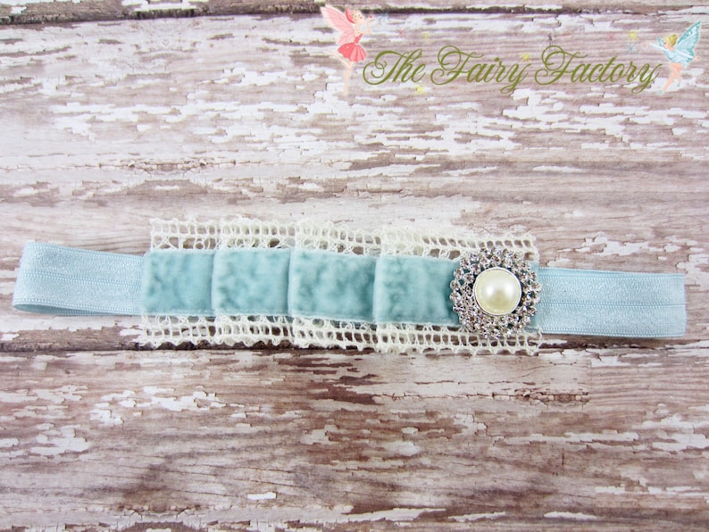 Vintage Pleated Baby Blue Velvet and Ivory Crochet Lace w Pearl /& Crystals Headband Baby Headband Newborn Baby Child Girls Headband