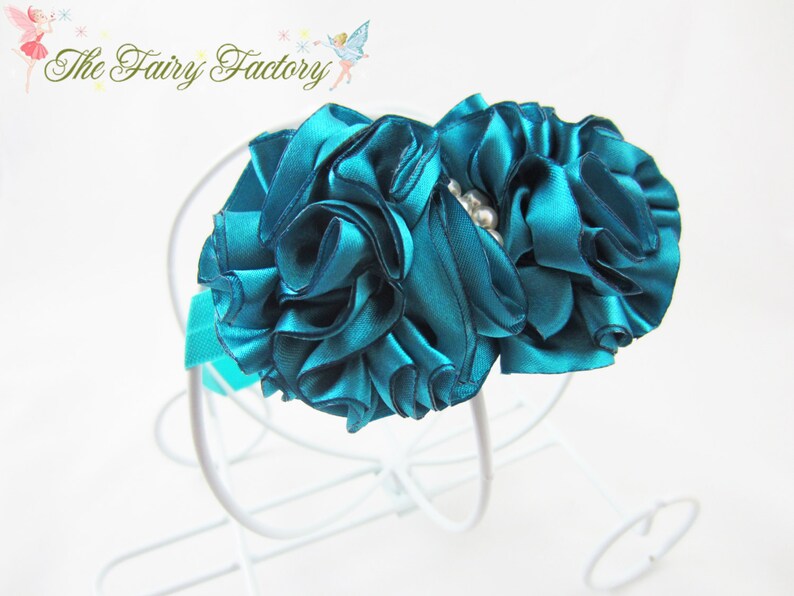 Peacock Blue Hair Bow Flower Girl Newborn Baby Child Girls Wedding Ruffled Jade Blue Satin Bow with Pearls Headband or Hair Clip