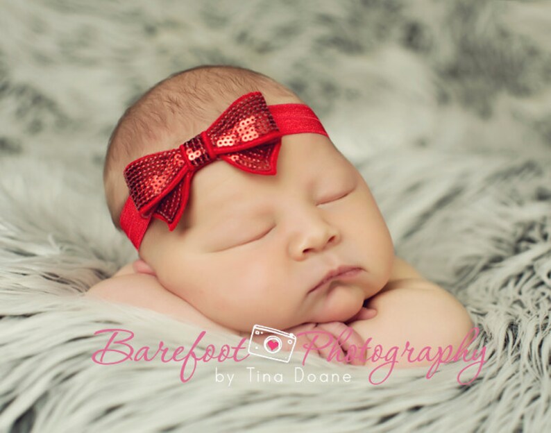 Baby Headband Baby Toddler Child Girls Headband Red Hair Bow Baby Headband Dainty Red Sequin Hair Bow Headband or Hair Clip