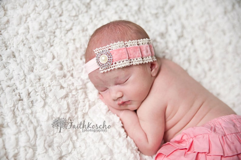 Vintage Pleated Baby Blue Velvet and Ivory Crochet Lace w Pearl /& Crystals Headband Baby Headband Newborn Baby Child Girls Headband