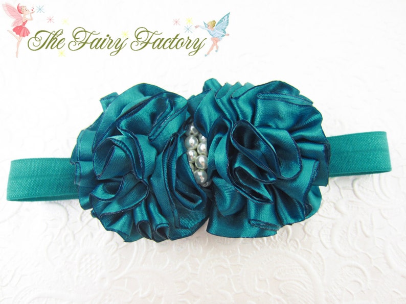 Peacock Blue Hair Bow Flower Girl Newborn Baby Child Girls Wedding Ruffled Jade Blue Satin Bow with Pearls Headband or Hair Clip