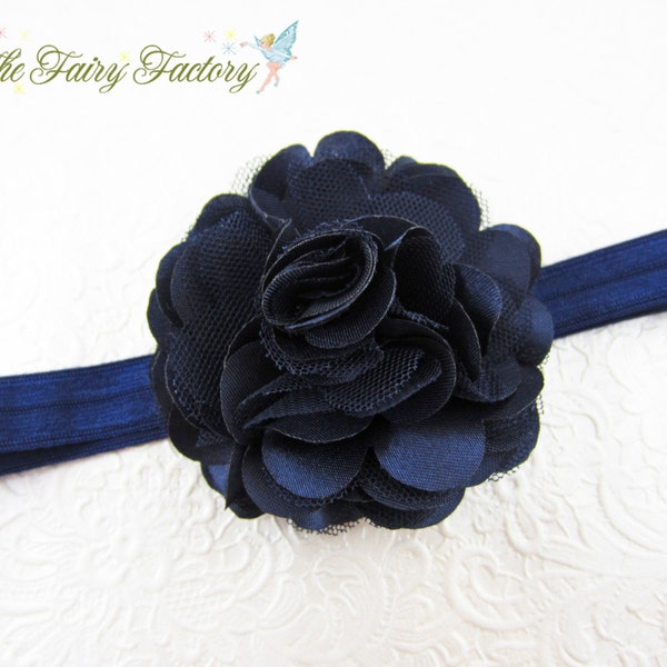 Navy Blue Flower Headband - Navy Blue Satin and Tulle Flower Navy Blue Headband or Hair Clip - Infant Toddler Child Girls Headband