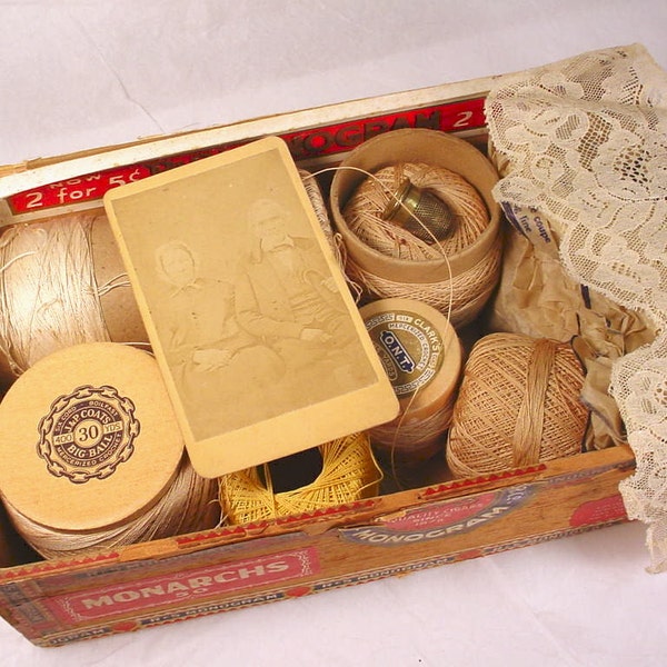 Vintage Wooden Cigar Box of String Thread Cabinet Card Lace Brass Thimble