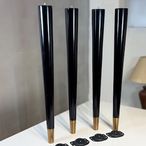 Tapered Black Satin Dining Table Legs with Brass Ferrules & Angled Mounts 4 pc
