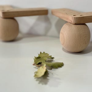 May include: Wooden furniture legs. Each leg has a natural wood finish, with a rounded sphere base supporting a right-angled, rectangular top. A few dried leaves are in the foreground.