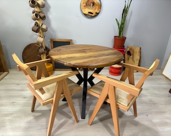 Mesa de comedor redonda de nogal macizo de 89 cm con patas de metal