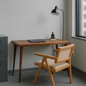 Può includere: Una scrivania in legno con un laptop, una piccola statua e una lampada nera. Una sedia in legno con schienale intrecciato e cuscino beige è di fronte alla scrivania. La stanza ha un design minimalista.