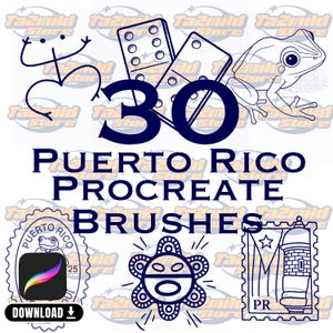 30 Puerto Rico Procreate Pinsel | Boricua Tattoo-Bundle | Pupertoricanische Flagge, Coquí, Inselkarte, Hibiscus Stempel Set | Minimalistischer Download