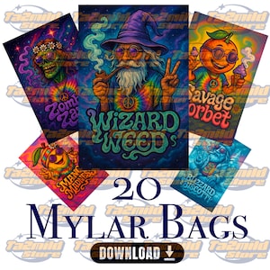 20 Designs de Sacos de Mylar | Arte para Embalagens de Cannabis | Etiquetas Frontais PNG de 300 DPI | Design de Sacos para Maconha | Download Digital Instantâneo
