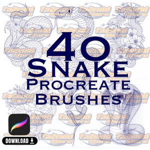 Könnte beinhalten: Digitalgrafik mit 40 Schlangen-Procreate-Pinseln. Das Bild enthält detaillierte Illustrationen verschiedener Schlangen mit dem Text "40 SNAKE PROCREATE BRUSHES" in Marineblau. Ein Download-Symbol ist ebenfalls vorhanden.