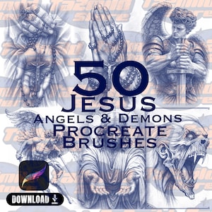 May include: Digital art set featuring illustrations of Jesus, angels, and demons. The image includes the text "50 Jesus Angels & Demons Procreate Brushes" and a download icon. The artwork is in shades of blue and white.