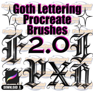 Puede incluir: Pinceles de arte digital para Procreate, con letras góticas. La imagen muestra varias letras y números estilizados en negro y gris con un contorno rosa. También se ve el texto "Goth Lettering Procreate Brushes 2.0".