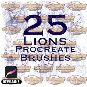 May include: Digital art graphic featuring multiple lion illustrations with the text "25 LIONS PROCREATE BRUSHES". The image includes a download icon and the Procreate app logo, suggesting digital art brushes for the Procreate app.