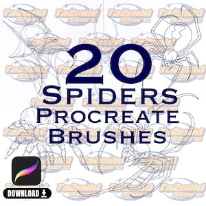 May include: An image showcasing 20 spider illustrations in a line art style. The text "20 SPIDERS PROCREATE BRUSHES" is displayed. A Procreate app icon and a "DOWNLOAD" button are also visible.