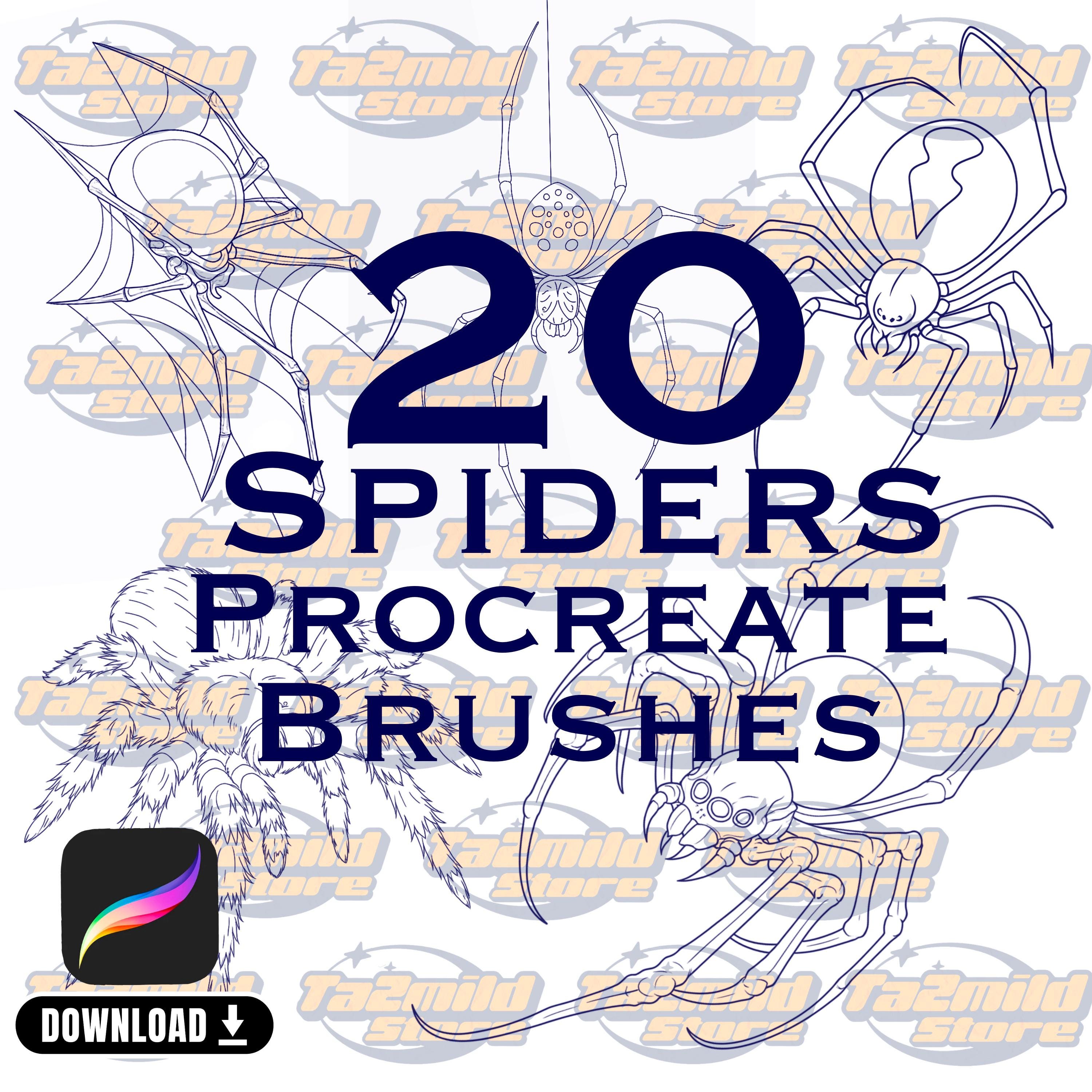 20 pincéis carimbo de aranha para Procreate | Conjunto gótico de tattoo flash inseto e teia para iPad