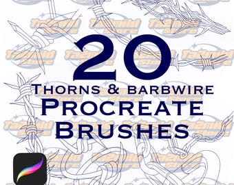 May include: Digital art graphic featuring 20 thorn and barbwire Procreate brushes. The image includes illustrations of barbed wire and thorns, with the text "20 Thorns & Barbwire Procreate Brushes" and a download icon.