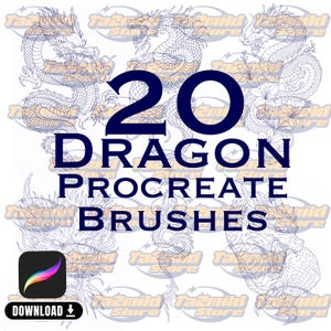 Könnte beinhalten: Digitales Kunstprodukt mit 20 Drachen-Procreate-Pinseln. Das Bild zeigt detaillierte Illustrationen von Drachen, mit dem Text "20 DRAGON PROCREATE BRUSHES" in Marineblau. Ein Download-Symbol ist ebenfalls vorhanden.