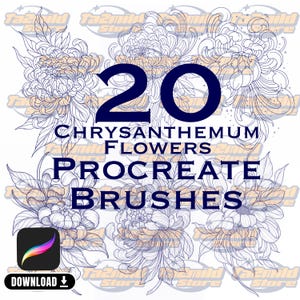May include: Digital art graphic featuring 20 chrysanthemum flower Procreate brushes. The image has a white background with navy blue text and floral illustrations in white and light orange. Includes a download icon.
