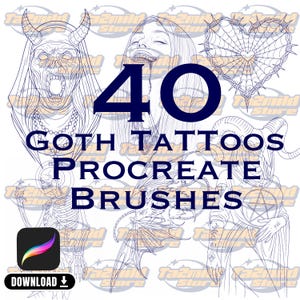 Puede incluir: Descarga digital con 40 Goth Tattoos Procreate Brushes. La imagen incluye ilustraciones de figuras góticas, una telaraña en forma de corazón y un icono de la aplicación Procreate con una flecha de descarga.