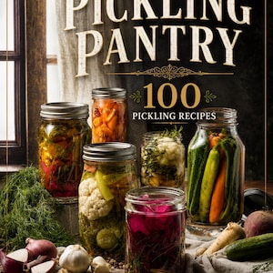 May include: A cookbook cover titled "Peter Pipers Pickling Pantry" with the subtitle "100 Pickling Recipes." The image features jars of pickled vegetables, including carrots, cucumbers, and cauliflower, alongside fresh ingredients like onions and garlic.