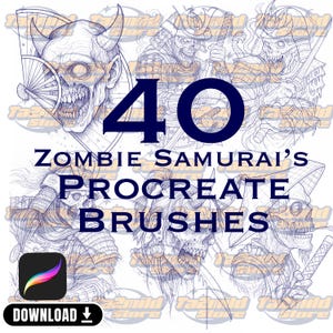 Może przedstawiać: Produkt sztuki cyfrowej z ilustracjami postaci zombie samurajów. Obraz zawiera tekst "40 Zombie Samurai's Procreate Brushes" i ikonę pobierania. Ilustracje są szczegółowe i w stylu line art.
