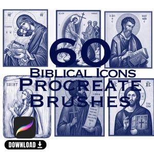 60 Biblical Icons Procreate Brushes | Christian Byzantine Icon Stamp Pack | Jesus Saints Religious Digital Download for iPad