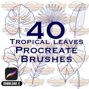 May include: An image featuring a collection of 40 tropical leaves Procreate brushes. The design includes various leaf shapes in a dark blue outline, with the text "40 TROPICAL LEAVES PROCREATE BRUSHES" in dark blue. A download icon is also present.