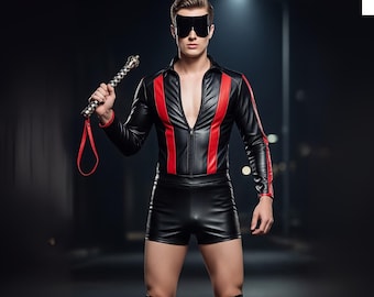 Handmade Genuine Leather Bodysuit, Red Stripe Outfit, Fetish Clubwear