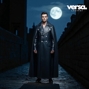 Men’s Gothic Long Leather Trench Coat with Cape | Custom Medieval Cosplay Overcoat | Handmade Fantasy Outfit for Halloween, LARP & Roleplay