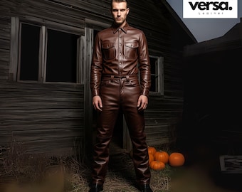 Genuine Leather Cowboy Costume: Gothic Western Shirt & Pants Set