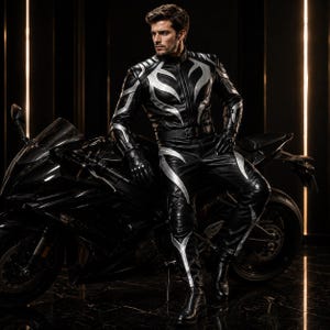 May include: A black leather motorcycle suit featuring silver flame-like patterns on the chest, arms, and legs. The suit includes a high-neck jacket with a front zipper, matching trousers with a belt, and black leather gloves with reinforced knuckles.