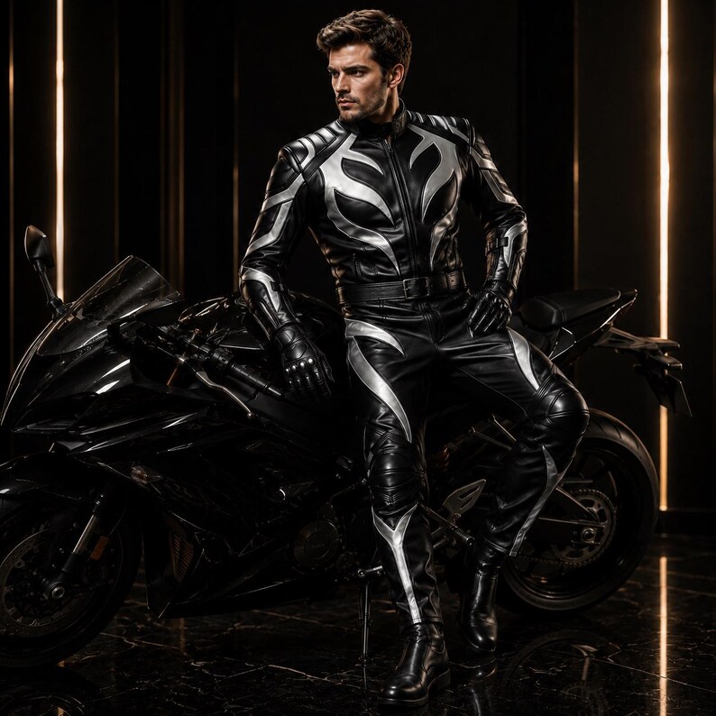 May include: A black leather motorcycle suit featuring silver flame-like patterns on the chest, arms, and legs. The suit includes a high-neck jacket with a front zipper, matching trousers with a belt, and black leather gloves with reinforced knuckles.