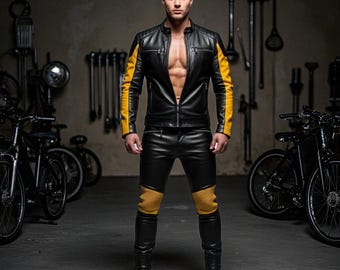 Handmade Black & Yellow Leather Biker Suit: Custom Motorcycle Racing Outfit