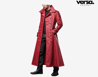 Handmade Red Leather Gothic Overcoat: Modern Cyberpunk Style