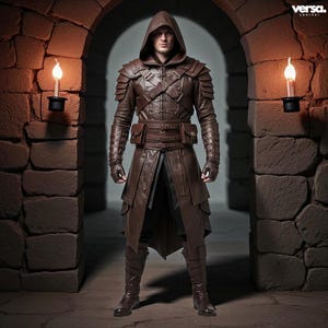 Handmade Brown Leather Assassin Costume: Medieval Hooded Armor Trench Coat
