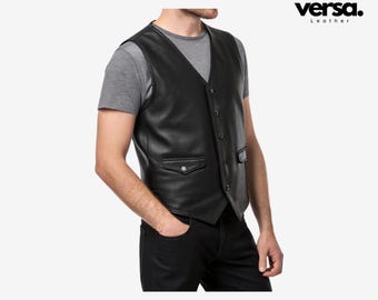 Genuine Leather Mens Black Vest: Elegant Casual Waistcoat