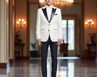 Handmade White Blazer with Black Lapel: Navy Formal Suit